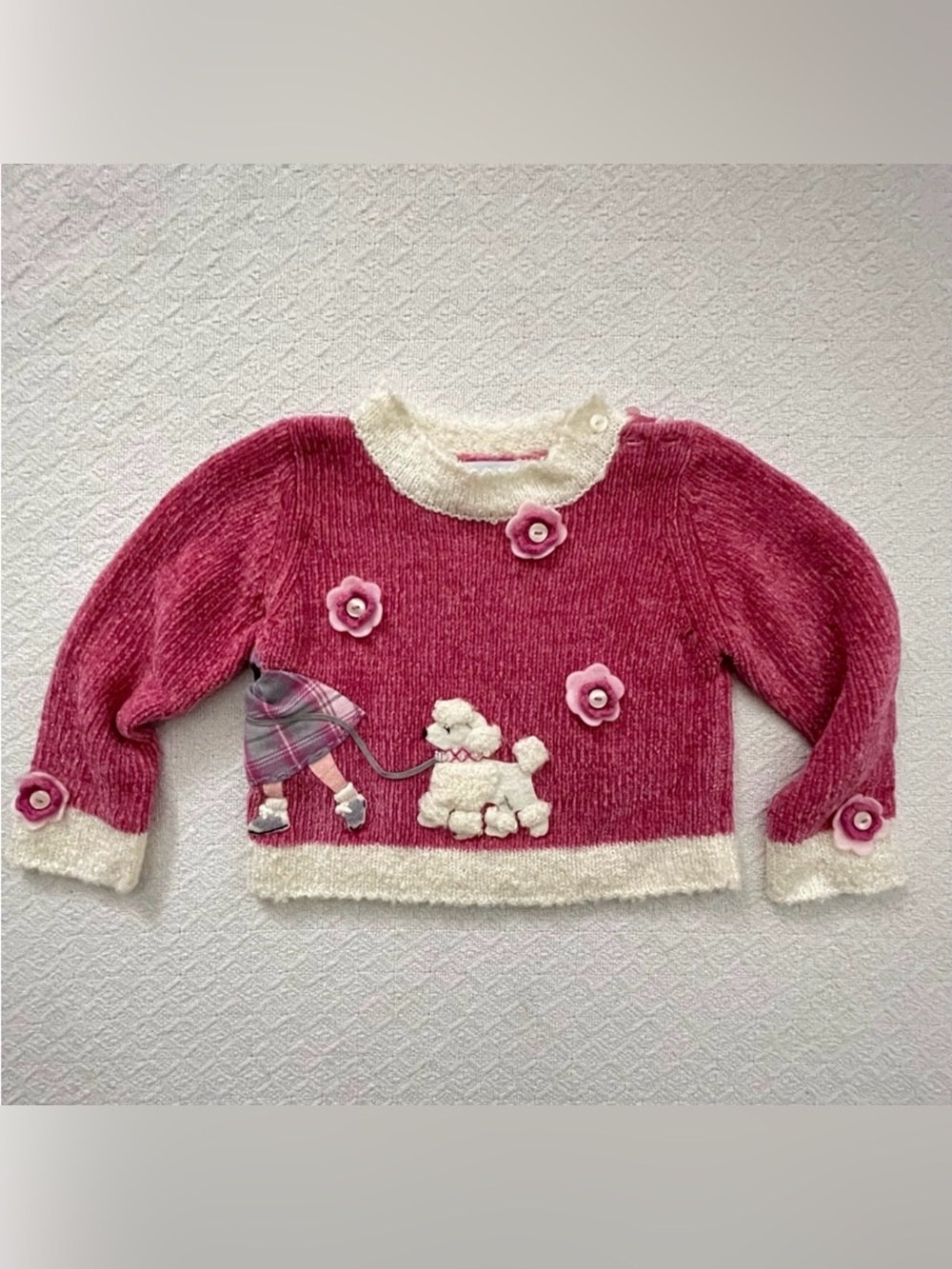 Hartstrings Baby Vintage Pink Chenille Sweater Poodle Appliqué Floral Accents